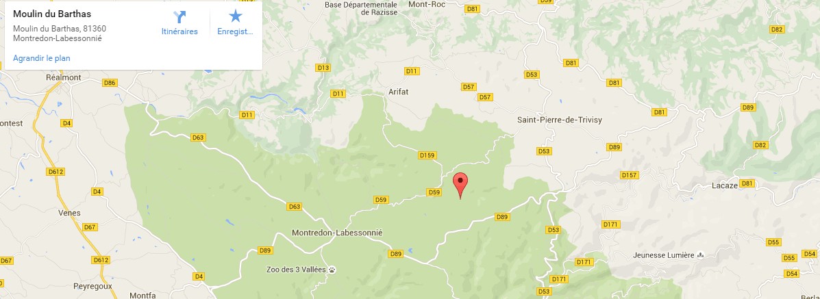 Itinéraire d'accès au Moulin du Barthas, à Montredon-Labessonnié dans le Tarn